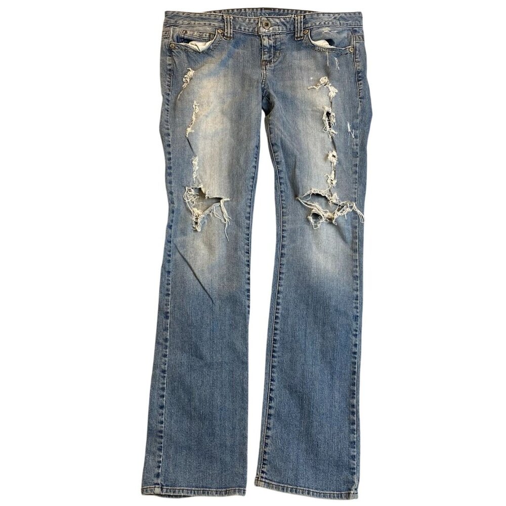 Guess Women's Jeans 35x31 Measured Flirty Straight Destroyed Blue Denim Stretch